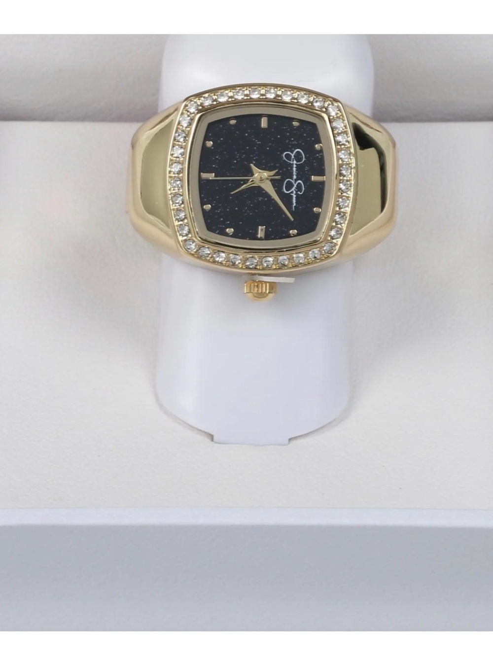 Jessica Simpson Gold-Tone Ring Watch with Black Sparkle Dial